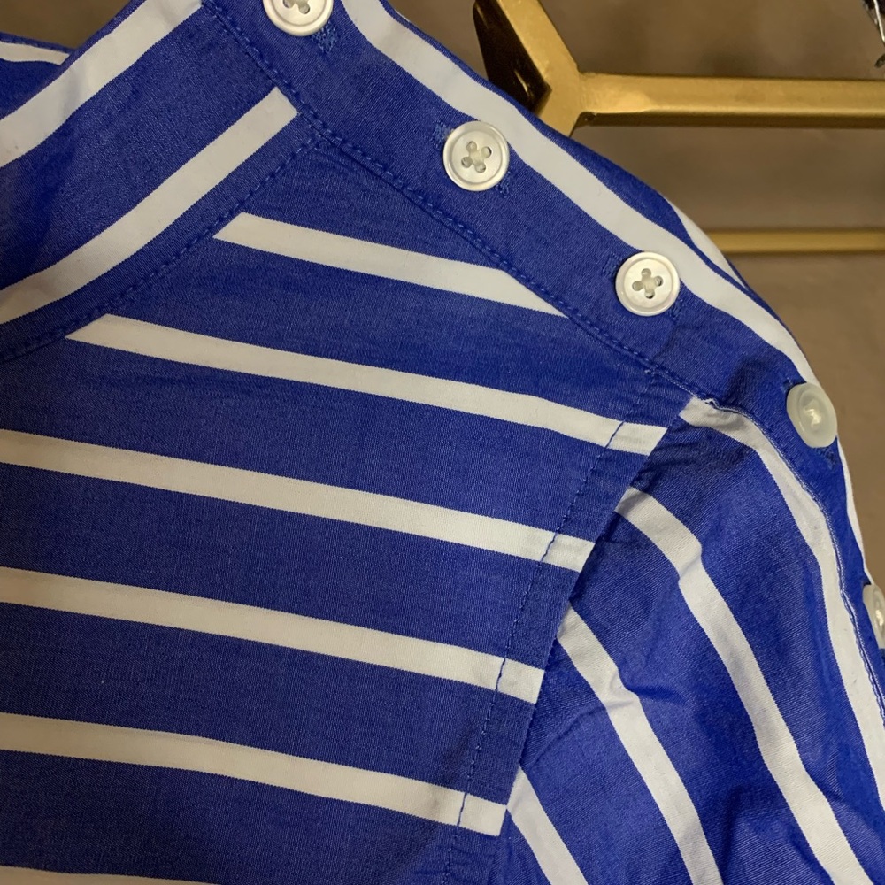 J. Crew Blue and White Boxy Pleated Bib Collar Tunic Blouse